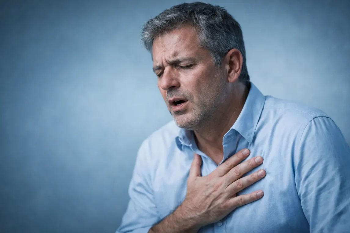 Persona adulta con dificultad respiratoria, mano en el pecho y expresión de esfuerzo leve, fondo azul grisáceo y luz lateral fría que transmite el contexto clínico del asma.