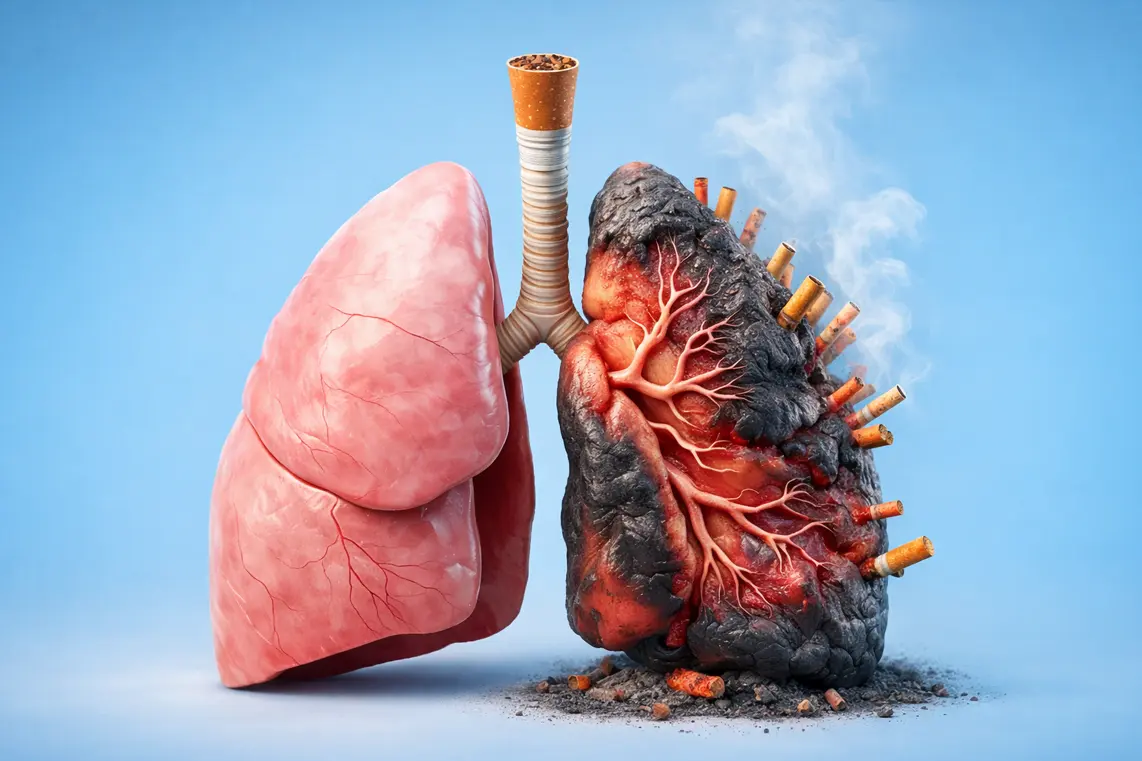 Ilustración puramente educativa que muestra el contraste entre un pulmón sano y otro afectado por el tabaco.