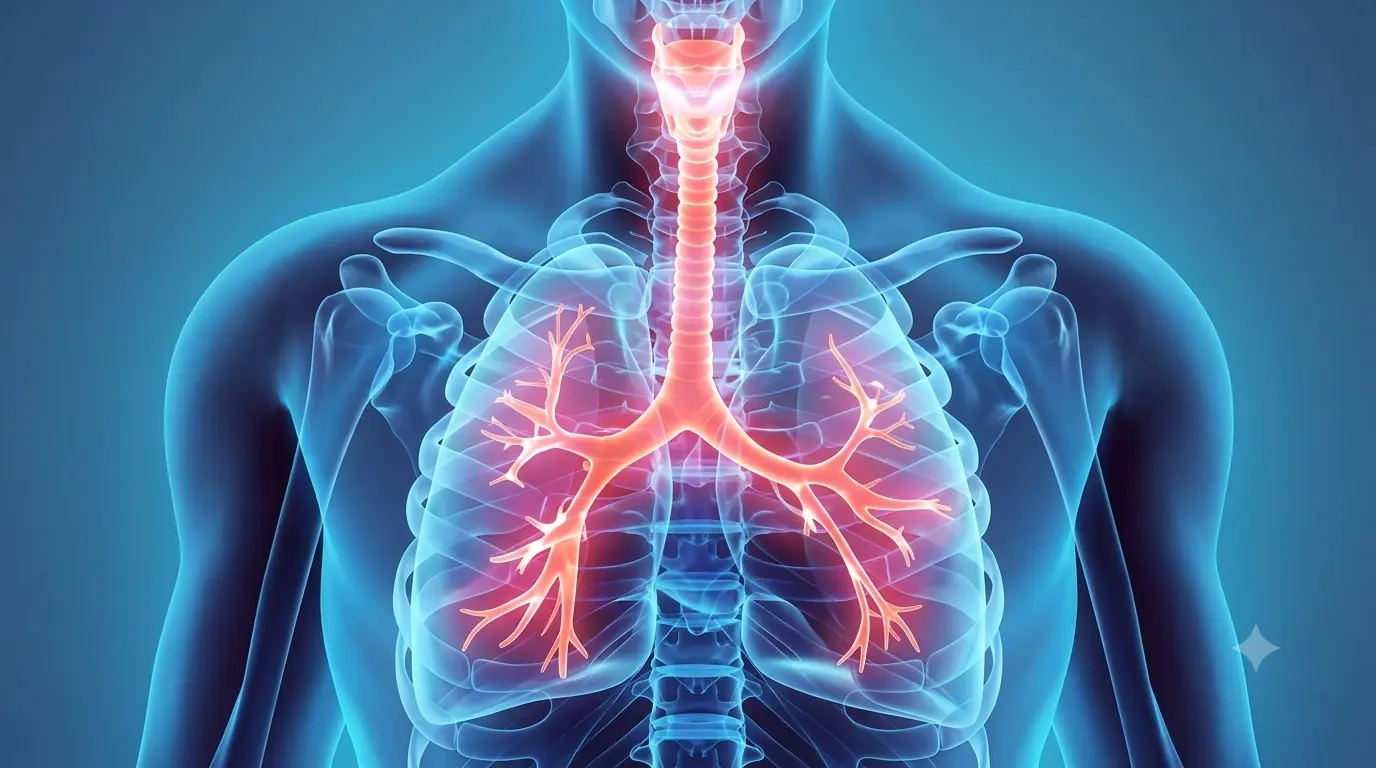 Ilustración médica del sistema respiratorio humano destacando los pulmones y bronquios para explicar el deficit alfa 1